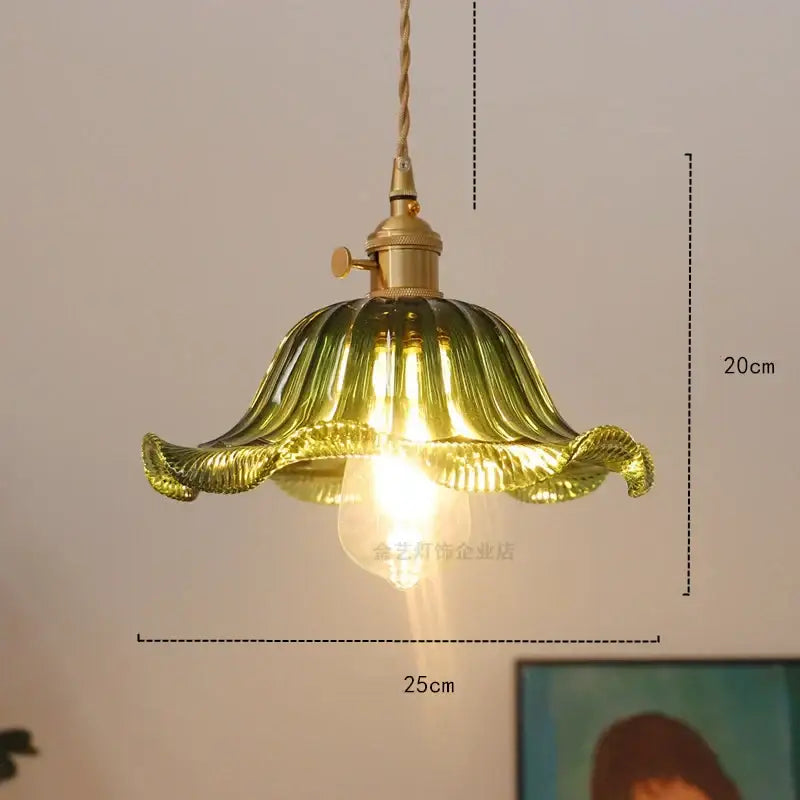 Modern diamond amber glass led pendant light with golden flower-shaped glass and brass fixture for dining room lighting