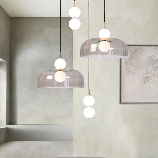 Modern double balls glass chandelier pendant light with frosted glass domes and white bulbs suspended by black cords