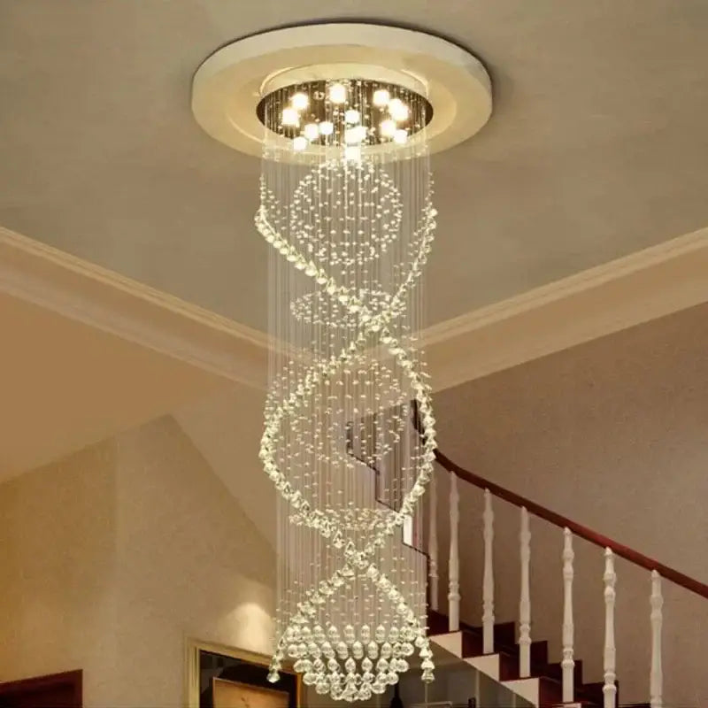Modern double spiral crystal chandelier with clear glass beads and embedded lights for hotel and villa living room use