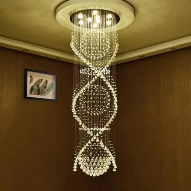 Modern double spiral crystal chandelier featuring clear glass beads and embedded lights in a spiral crystal design