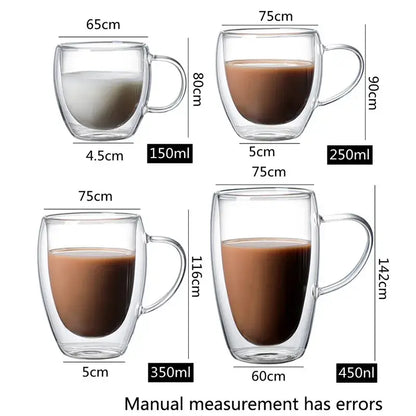Modern double walled clear glass coffee mug set with handles featuring decorbites glass coffee mugs in various sizes