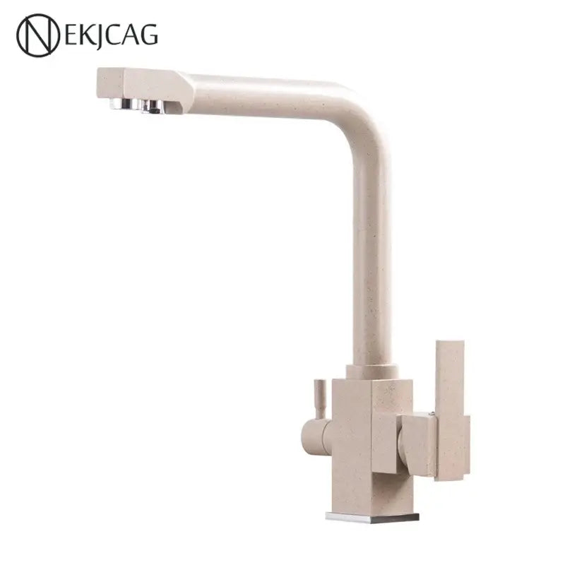 Beige stone-finish decorbites dual outlet gold kitchen faucet with modern angular design and dual handles