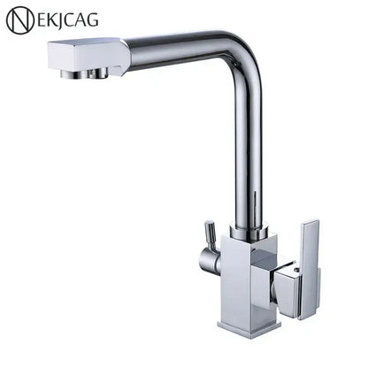 Modern dual outlet gold kitchen faucet by decorbites with chrome finish, angular design, and two lever handles for purified water