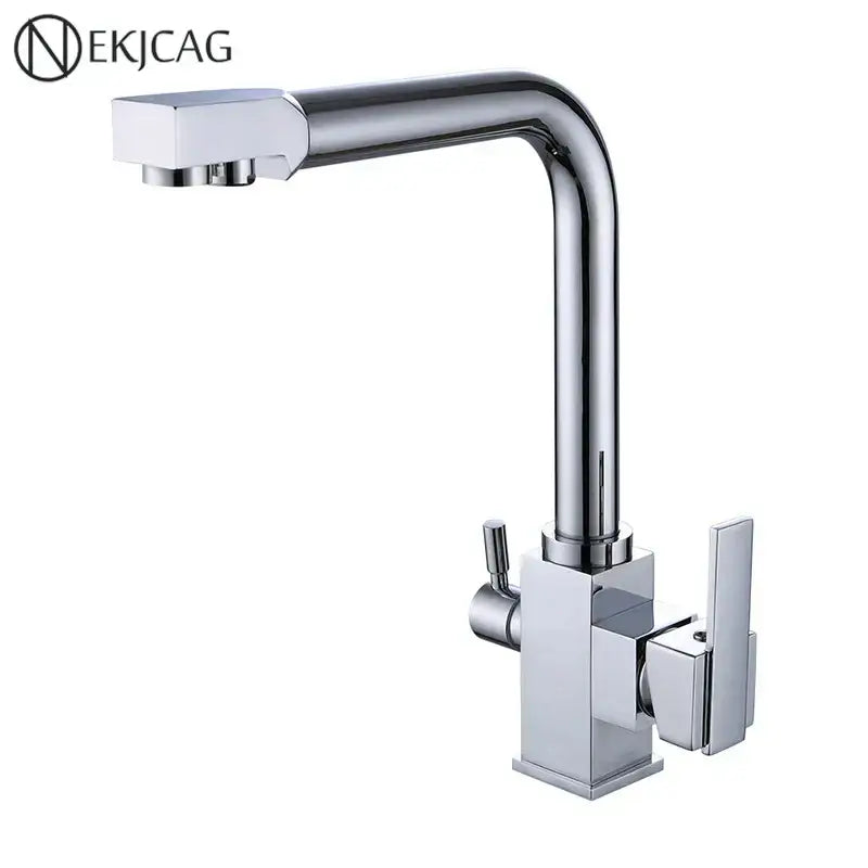 Modern dual outlet gold kitchen faucet by decorbites with chrome finish, angular design, and two lever handles for purified water