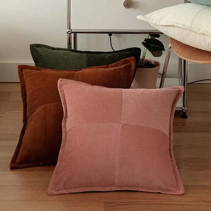 Modern earth tone corduroy pillow cover with soft pink patchwork design for living room decorbites corduroy pillow