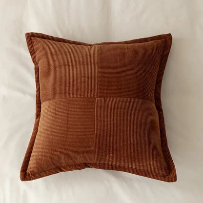 A rust-colored square corduroy pillow cover with quilted patchwork design for modern living room decorbites corduroy pillow