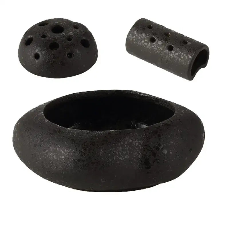 Modern earthy lotus seedpod ceramic incense burner black diffuser set with rounded base and perforated dome lid for decor