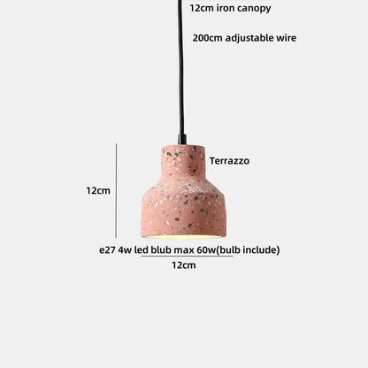Modern earthy terrazzo stone led pink pendant light with textured speckled surface and black iron canopy decorbites terrazzo stone