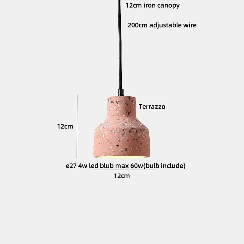Modern earthy terrazzo stone led pink pendant light with textured speckled surface and black iron canopy decorbites terrazzo stone