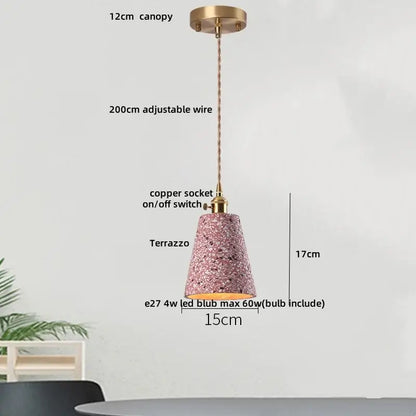 Modern earthy terrazzo stone led pendant light with pink terrazzo and brass canopy by decorbites for dining room decor