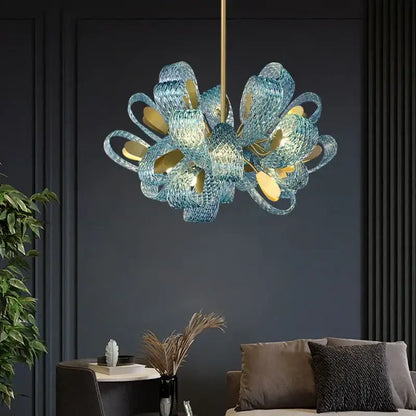 Modern elegant blue copper led flower chandelier with translucent blue glass petals and gold accents for living room decorbites elegant blue