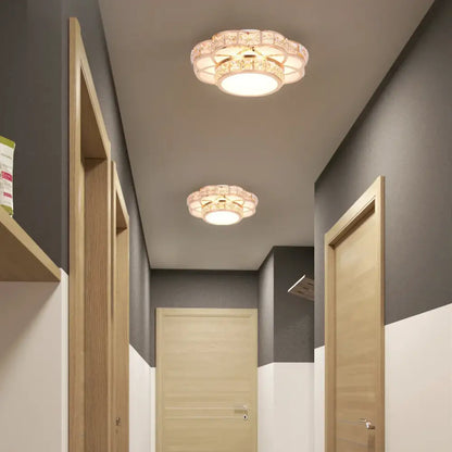 Modern elegant crystal led chandelier ceiling lamp with two circular warm glowing crystal led embellishments