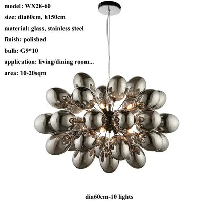 Modern elegant grape glass chandelier with polished glass and stainless steel spherical design featuring ten g9 bulbs