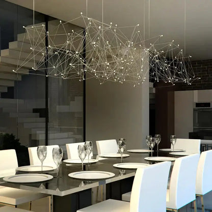 Modern elegant stainless steel geometric led chandelier with silver interconnected wireframe and spherical lights for dining room decorbites elegant stainless