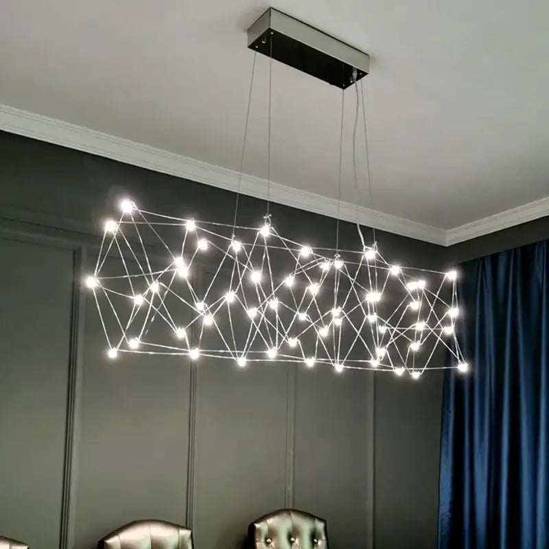 Modern elegant stainless steel geometric LED chandelier with white bulbs and thin metallic wires for dining room decorbites elegant stainless steel lighting