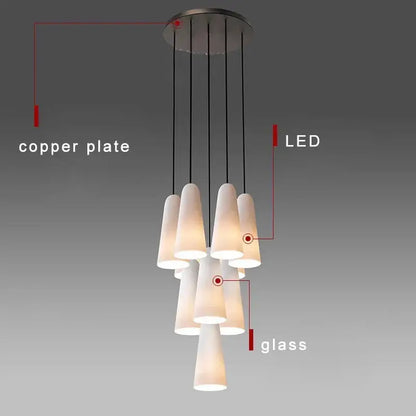 Modern elegant white glass cup chandelier with copper ceiling mount and LED illuminated suspended glass shades