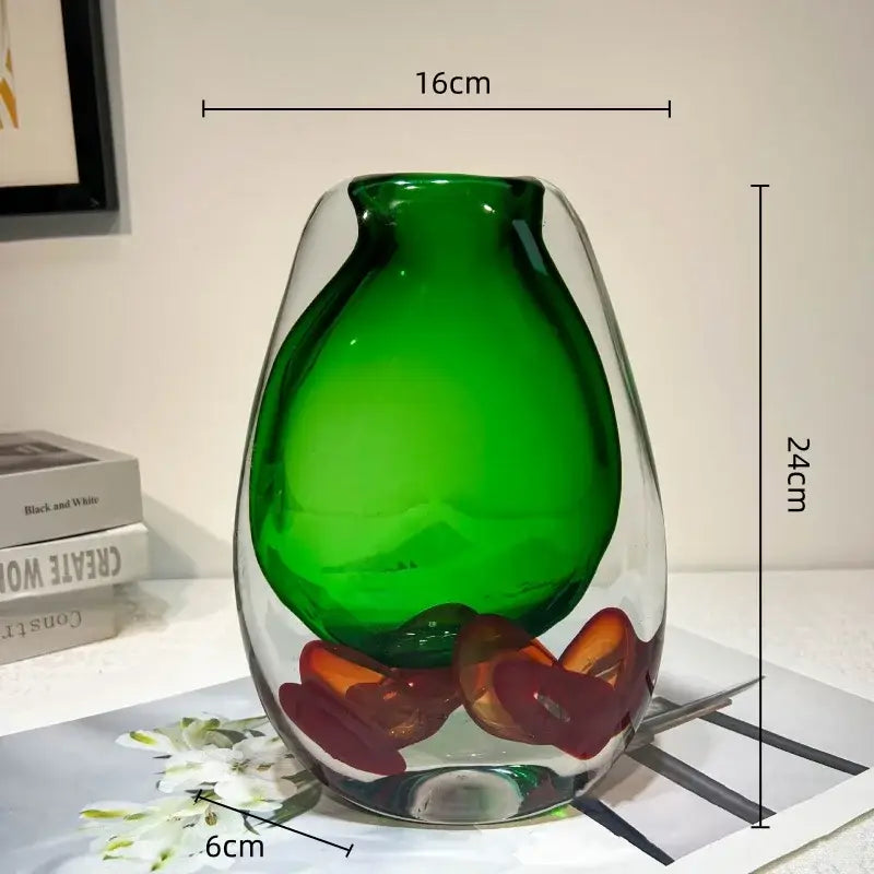 Modern emerald clear fruit tray vase made of translucent green glass with amber and red accents for living room decorbites decor