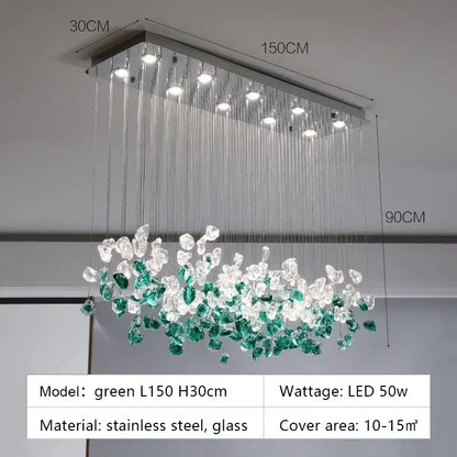 A modern rectangular glass stone chandelier with stainless steel frame and emerald clear crystals for dining room decorbites decor