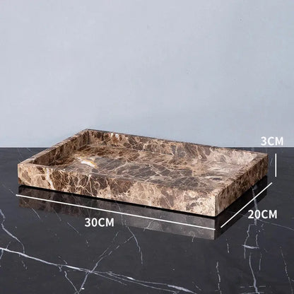 Rectangular brown emperador dark marble tray with polished veined surface and raised edges from bathroom set