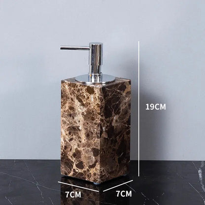 Brown marble soap dispenser with a sleek chrome pump from the modern emperador dark marble bathroom set