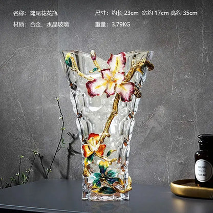 Modern enamel flower crystal glass vase with intricate gold-toned metalwork and vibrant hand-painted floral designs