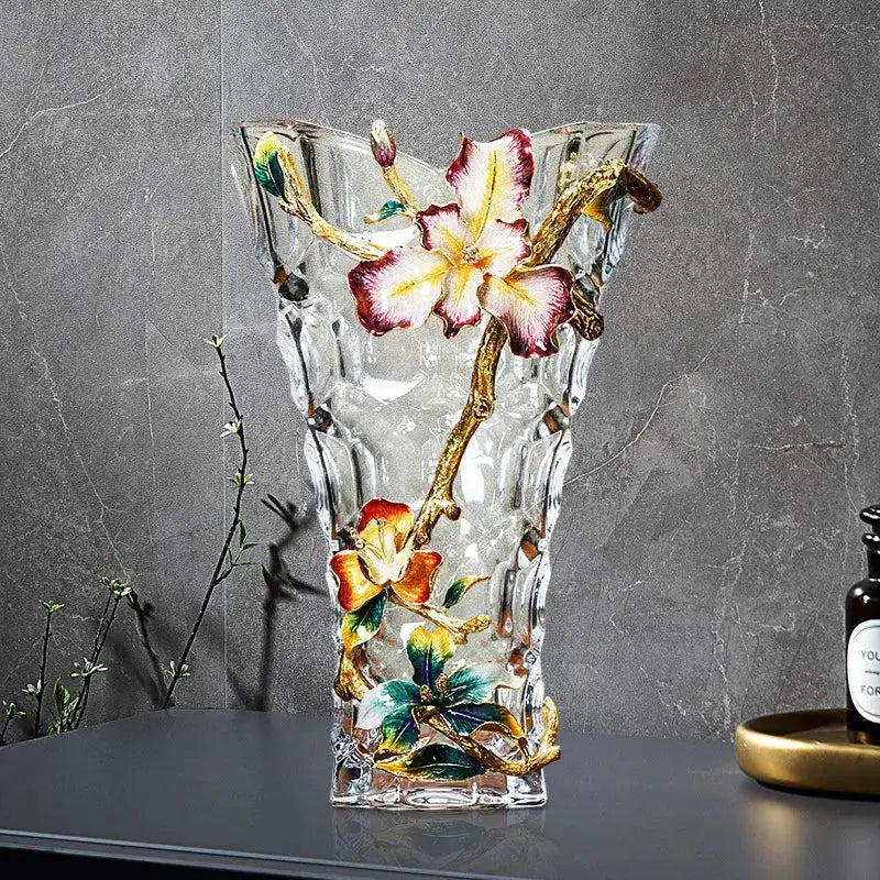 Clear crystal glass vase with colorful enamel flowers and gold-toned branches for modern living room decor
