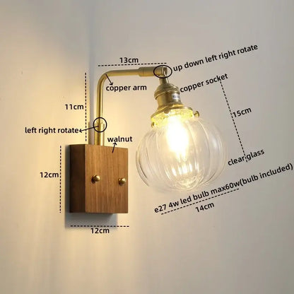 Modern etched glass copper led wall lights bedroom sconce with brass-finished wall sconce and walnut wood base