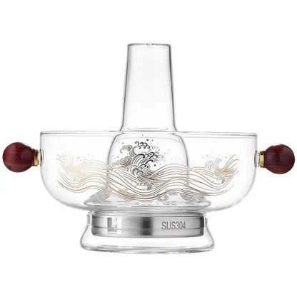 Modern etched glass hotpot with gold wave patterns and dark red wood handles from decorbites glass hotpot collection