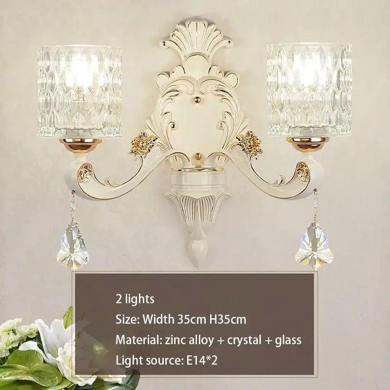 Elegant white and gold ornate wall sconce with crystal glass shades and faceted crystals for decorbites crystal ceiling chandelier