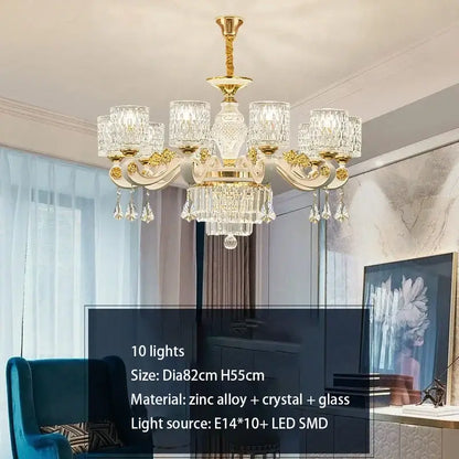 Modern european gold crystal ceiling chandelier with ten lights featuring intricate decorbites crystal elements