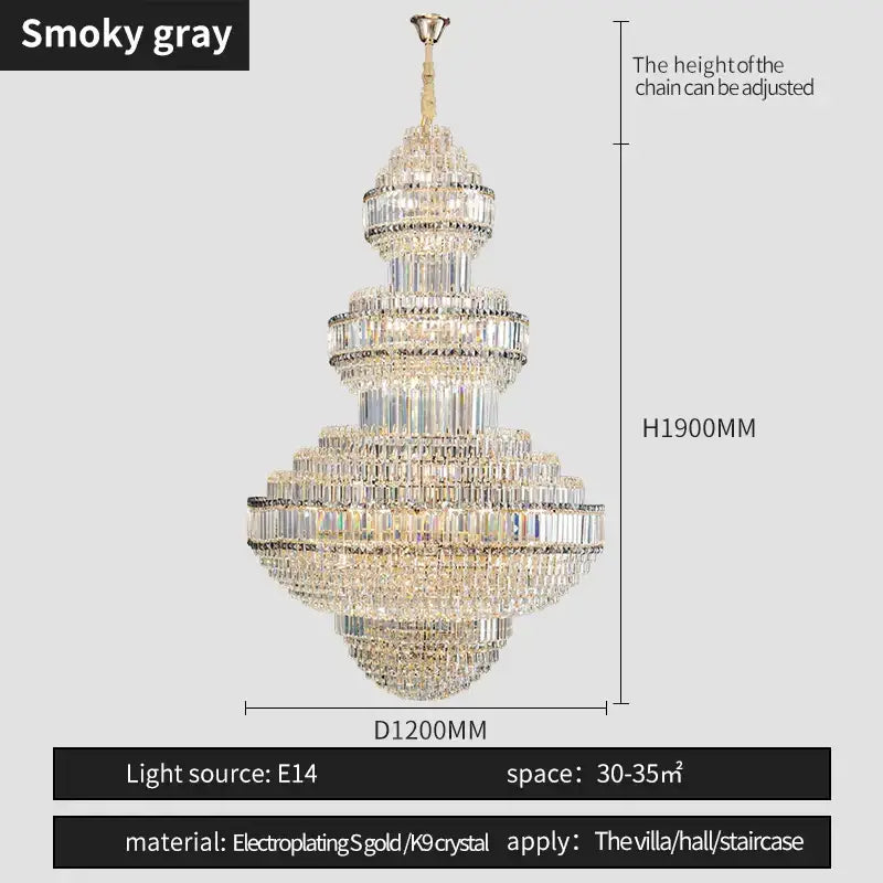 Smokey gray tiered crystal villa chandelier with electroplated gold pendant light for modern european decorbites villa