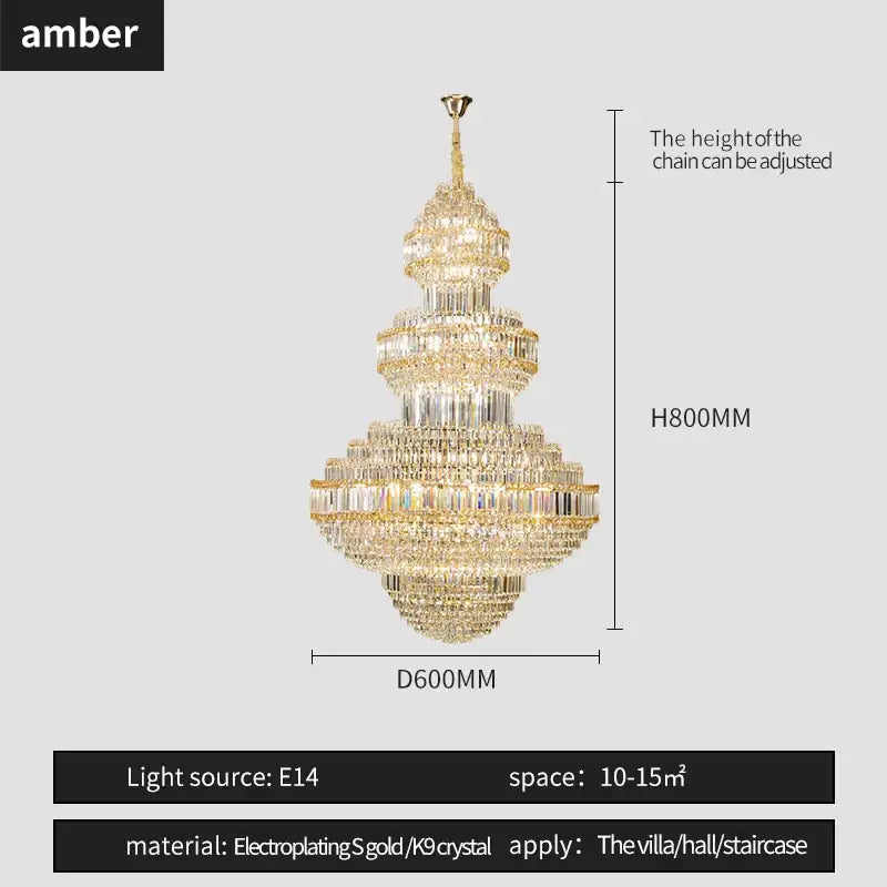 Modern european gold crystal villa chandelier featuring gold electroplated pendant light with clear k9 crystals