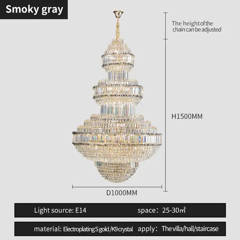 Modern european gold crystal villa chandelier pendant light with smoky gray tiers electroplated gold and K9 crystals