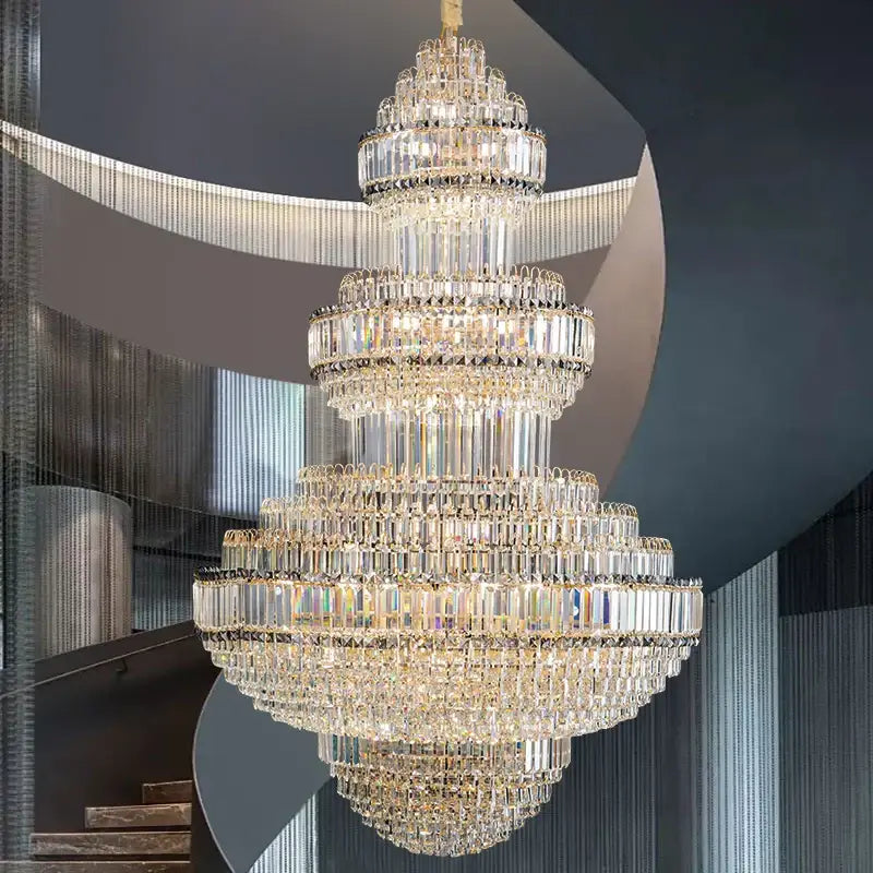 Modern european gold crystal villa chandelier pendant light with cascading faceted crystals for hotel lobby decorbites