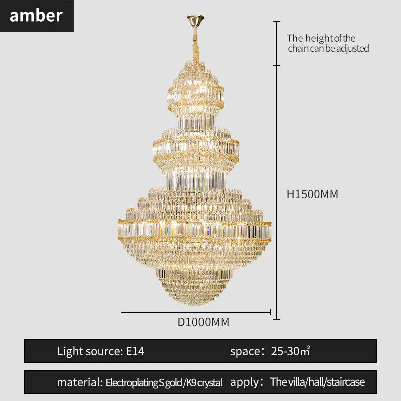 Golden electroplated crystal villa chandelier with multiple tiers of clear k9 crystals for elegant pendant light decorbites design