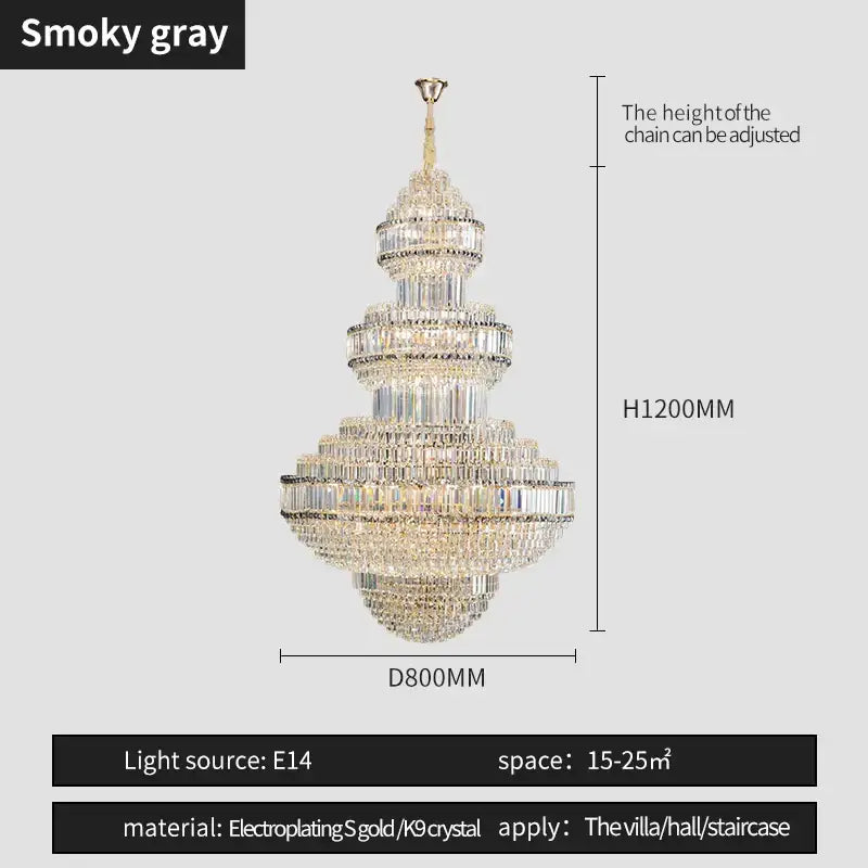 Modern european gold crystal villa chandelier pendant light with smoky gray tiers and cascading electroplated crystals