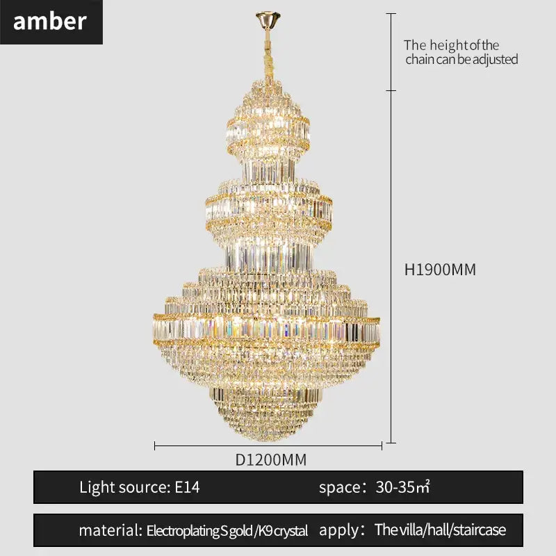 Modern european gold crystal villa chandelier pendant light with cascading crystal strands and gold-plated accents for elegant decorbites spaces
