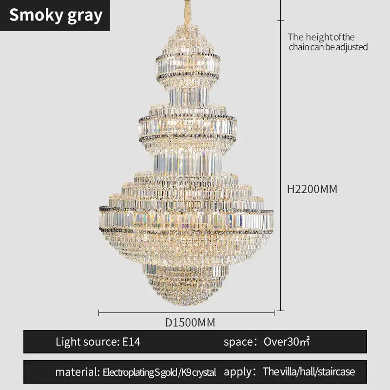Modern european gold crystal villa chandelier pendant light with cascading clear crystal elements for hotel lobby decorbites