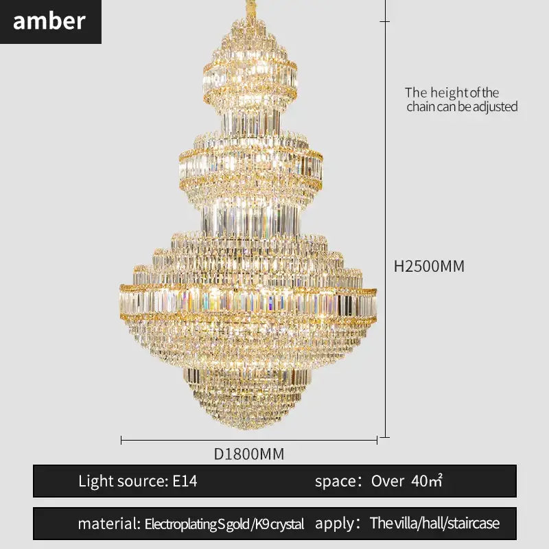 Modern european gold crystal villa chandelier pendant light with cascading crystals and adjustable height for hotel lobby decorbites crystal villa
