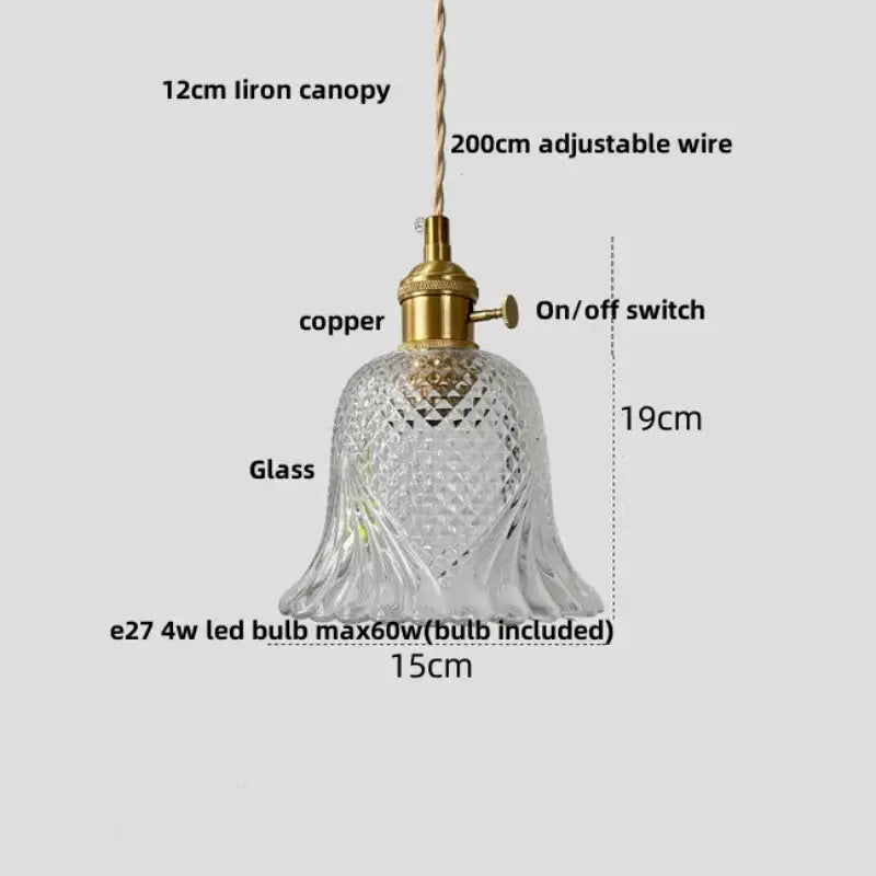 Modern faceted clear glass pendant lamp with brass copper fixture and knob switch featuring decorbites clear glass design