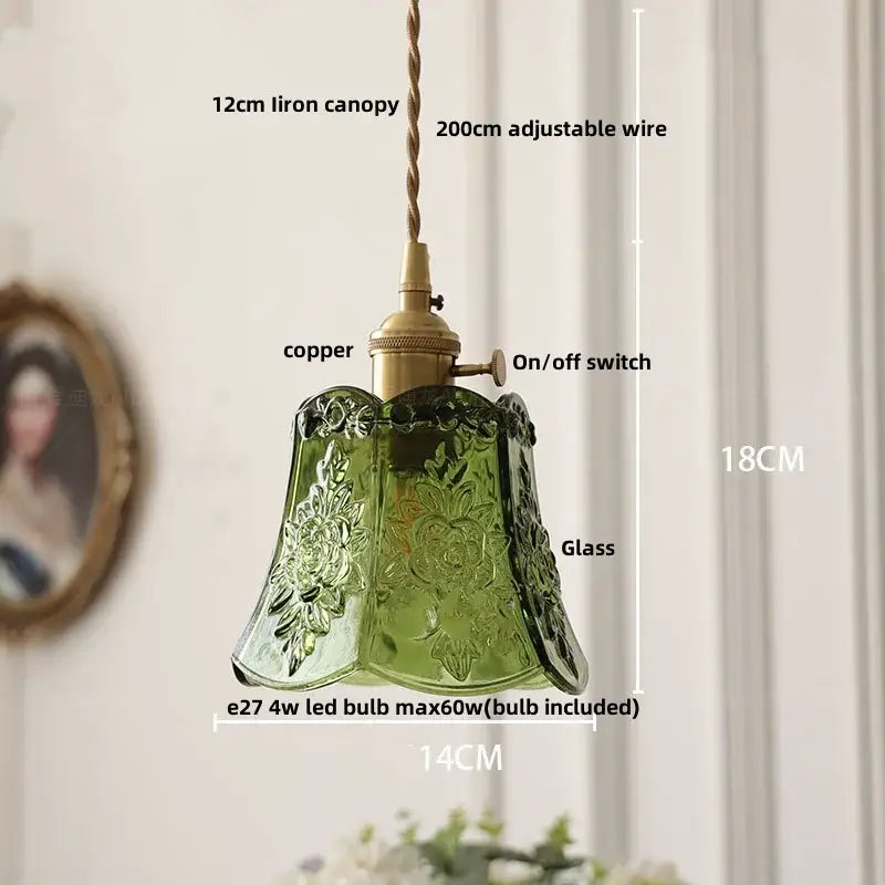 Modern faceted clear glass pendant lamp with green floral etching and copper-finished fixture featuring knob switch decorbites clear glass