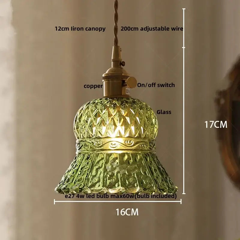 Modern faceted clear glass pendant lamp with green cut glass and brass-finished copper knob switch by decorbites