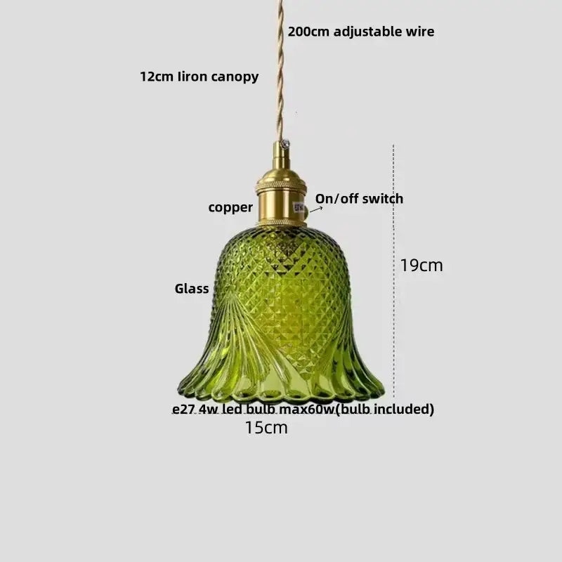 Modern faceted clear glass pendant lamp with green bell-shaped shade copper top and knob switch decorbites clear glass