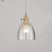 Modern faceted clear glass pendant lamp with knob switch brass fixture and twisted beige cord by decorbites clear glass