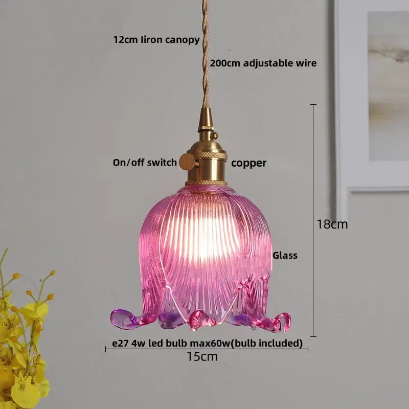 Modern faceted clear glass pendant lamp with pink ribbed glass shade copper fixture and decorbites clear glass knob switch