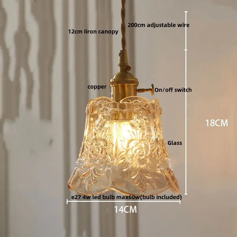 Modern faceted clear glass pendant lamp with intricate floral etching brass copper fixture and adjustable wire knob switch decorbites clear glass