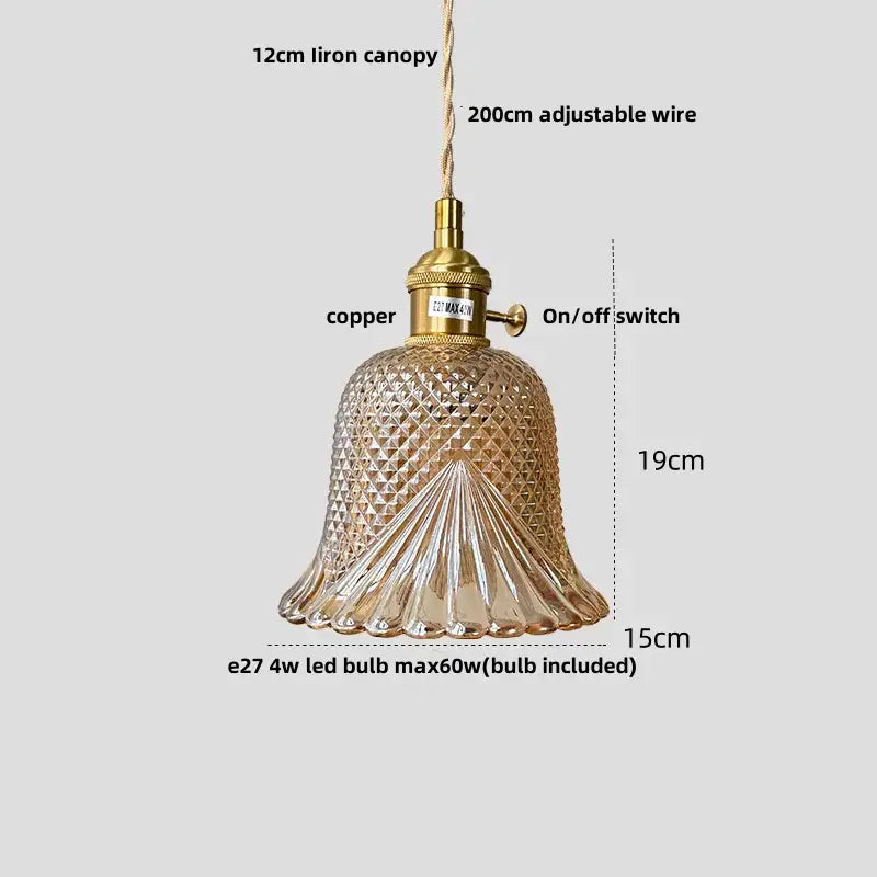 Vintage-style bell-shaped pendant lamp with amber textured glass shade and brass knob switch by decorbites clear glass