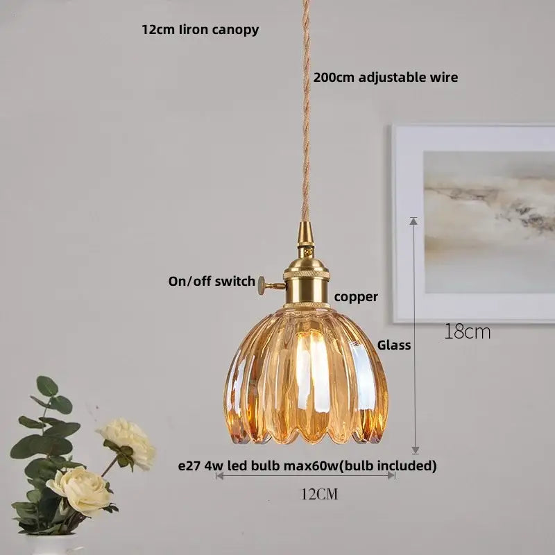 Modern faceted clear glass pendant lamp with warm amber glass, copper fixture, adjustable wire, and knob switch decorbites clear glass