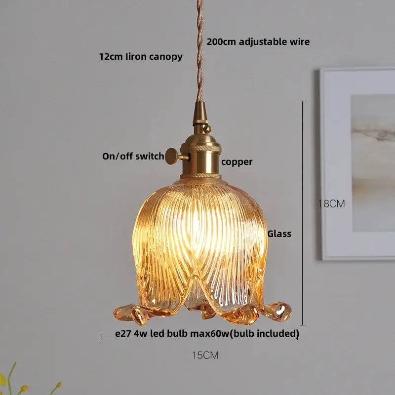 Modern faceted warm-toned ribbed glass pendant lamp with brass copper fixture and knob switch by decorbites clear glass