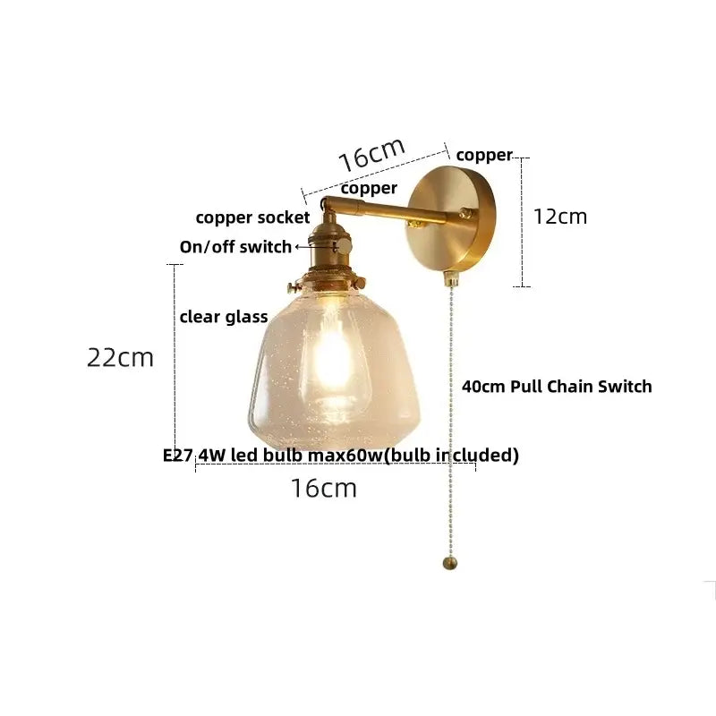 Modern faceted glass copper wall lights featuring a copper wall sconce with clear glass shade and 4w led bulb included